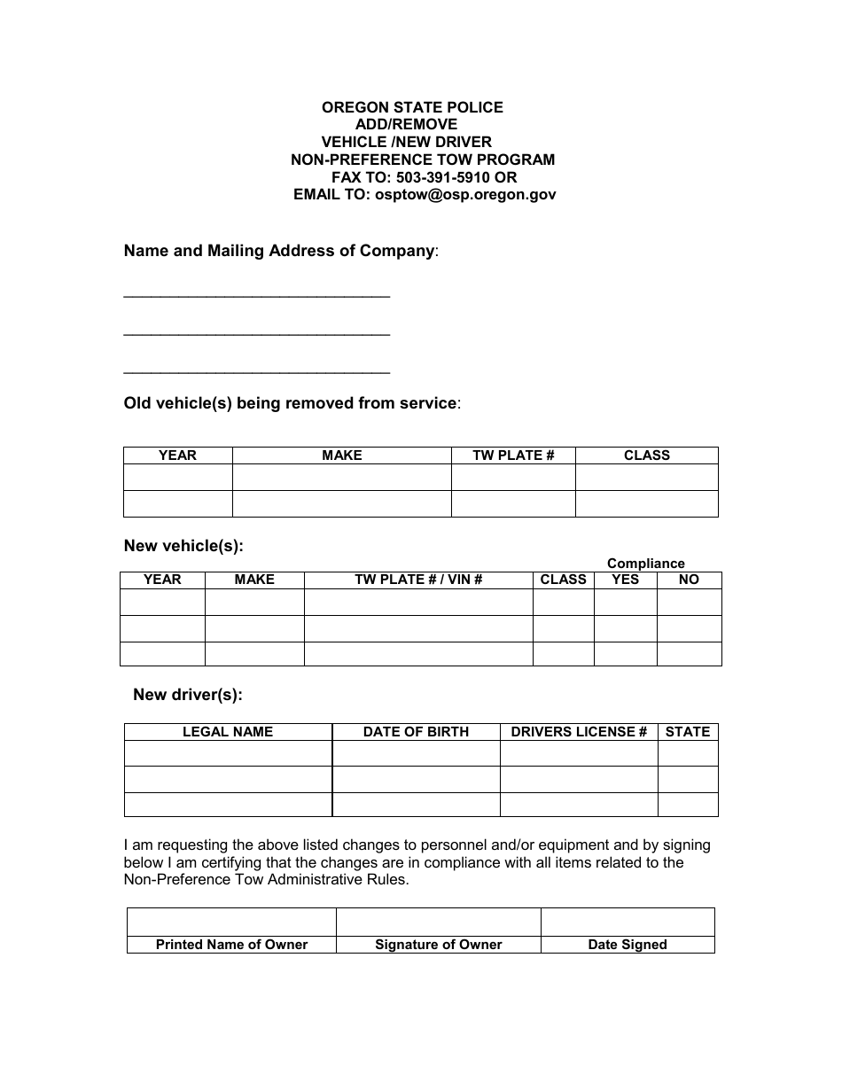 Add / Remove Vehicle / New Driver Truck Sheet - Non-preference Tow Program - Oregon, Page 1
