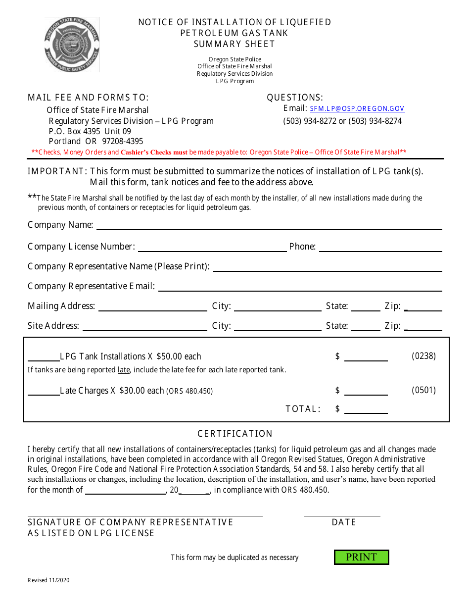 Notice of Installation of Liquefied Petroleum Gas Tank Summary Sheet - Oregon, Page 1