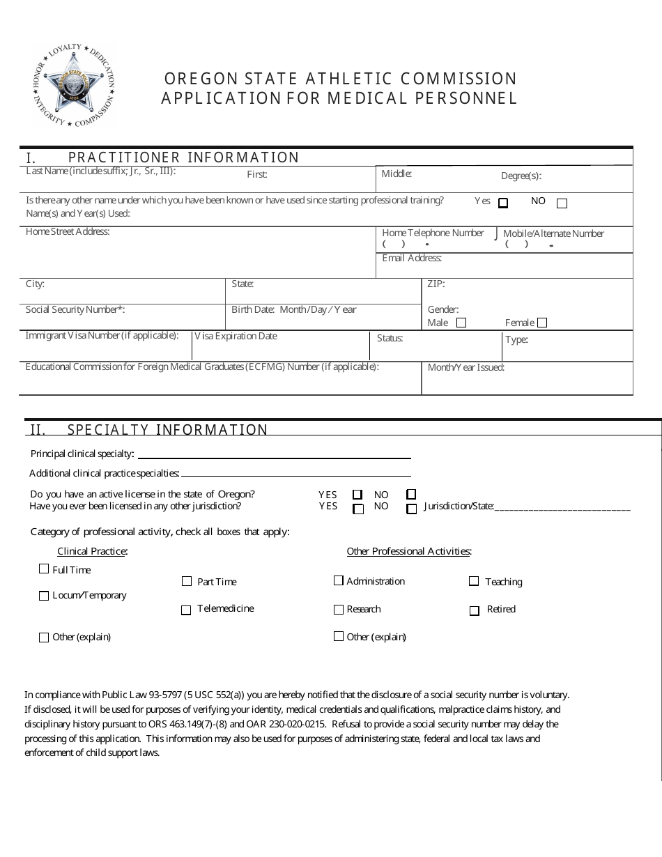 Application for Medical Personnel - Oregon, Page 1