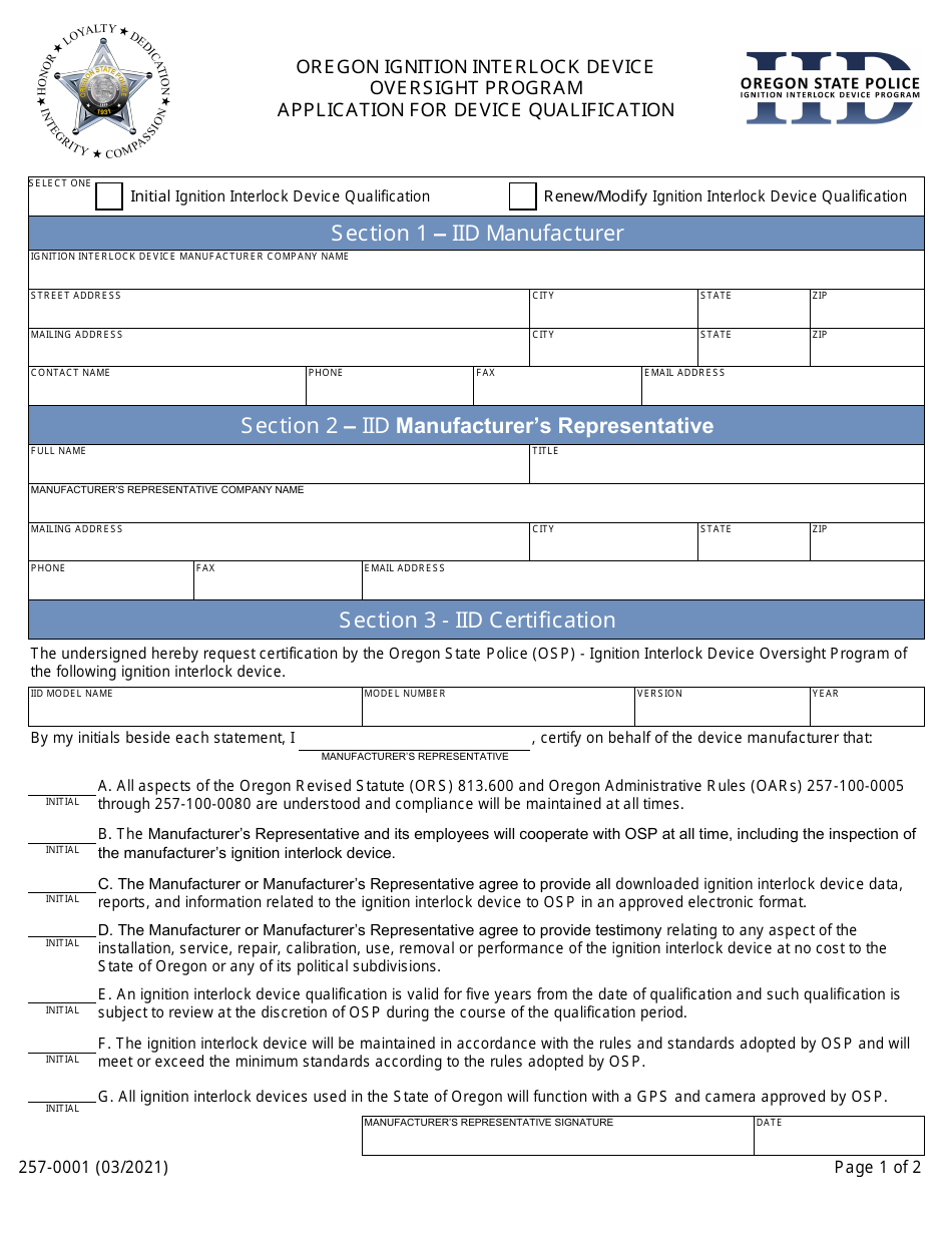 Form 257-0001 Application for Device Qualification - Ignition Interlock Device Oversight Program - Oregon, Page 1