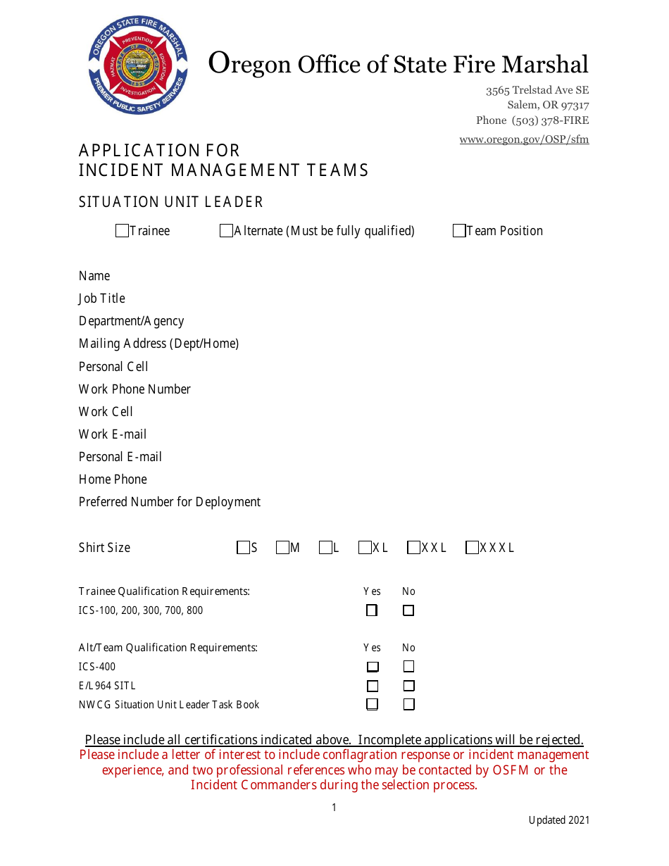 Application for Incident Management Teams - Situation Unit Leader - Oregon, Page 1