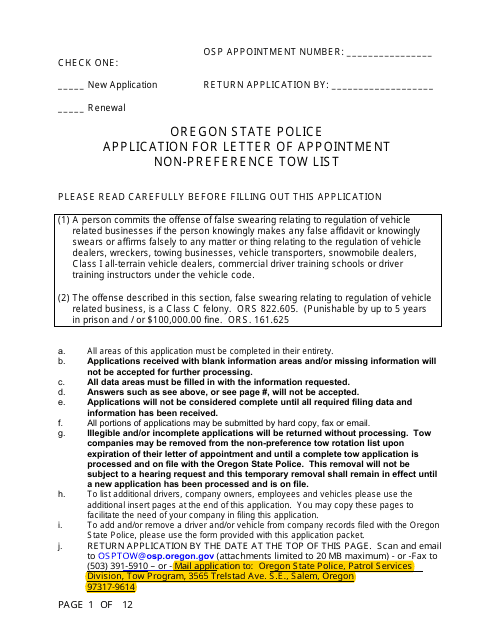 Application for Letter of Appointment Non-preference Tow List - Oregon