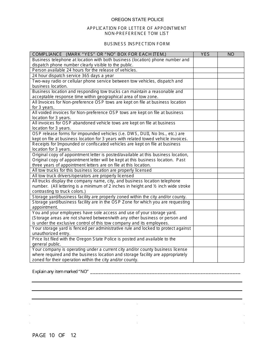 Application for Letter of Appointment Non-preference Tow List - Oregon, Page 10