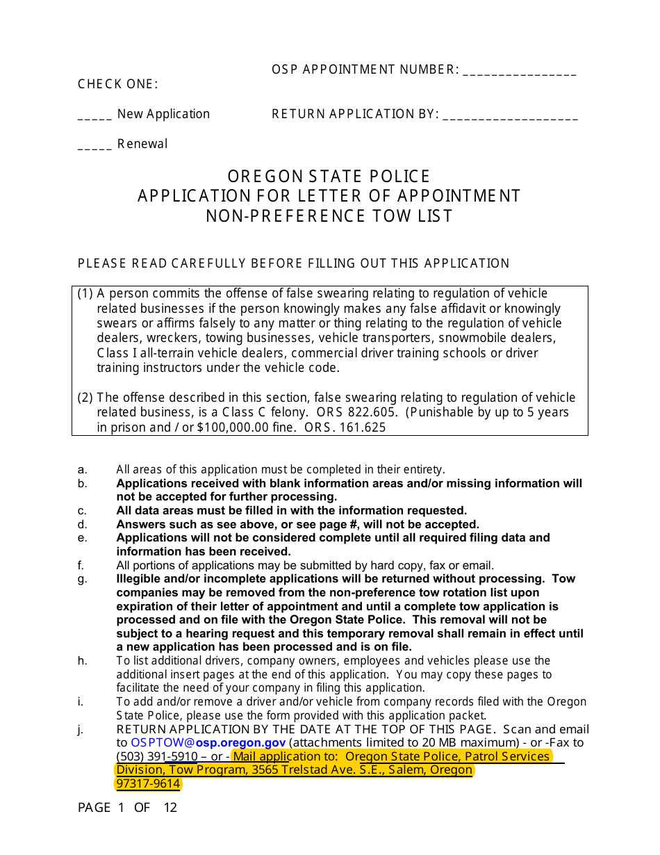 Application for Letter of Appointment Non-preference Tow List - Oregon, Page 1