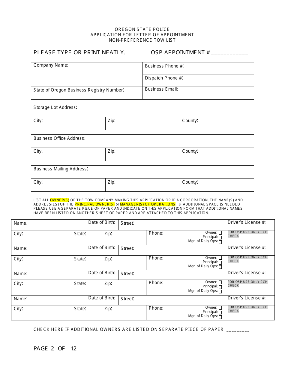 Application for Letter of Appointment Non-preference Tow List - Oregon, Page 2