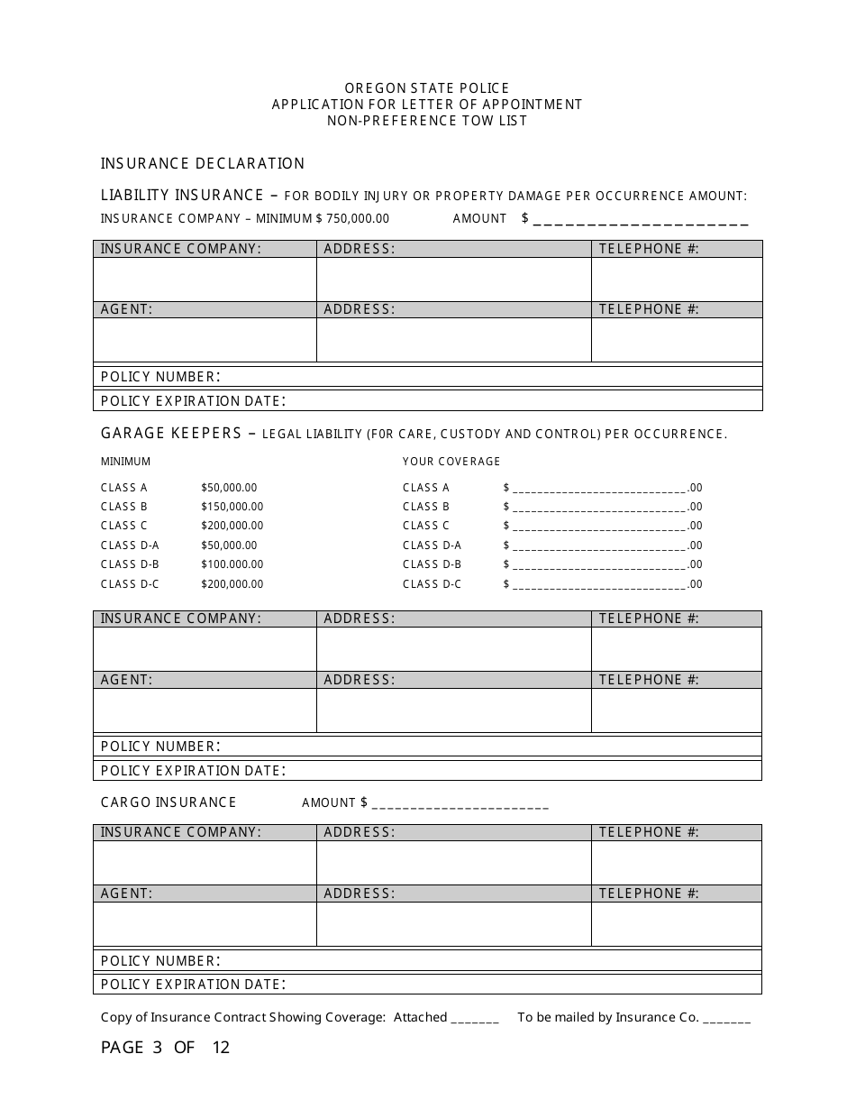 Application for Letter of Appointment Non-preference Tow List - Oregon, Page 3