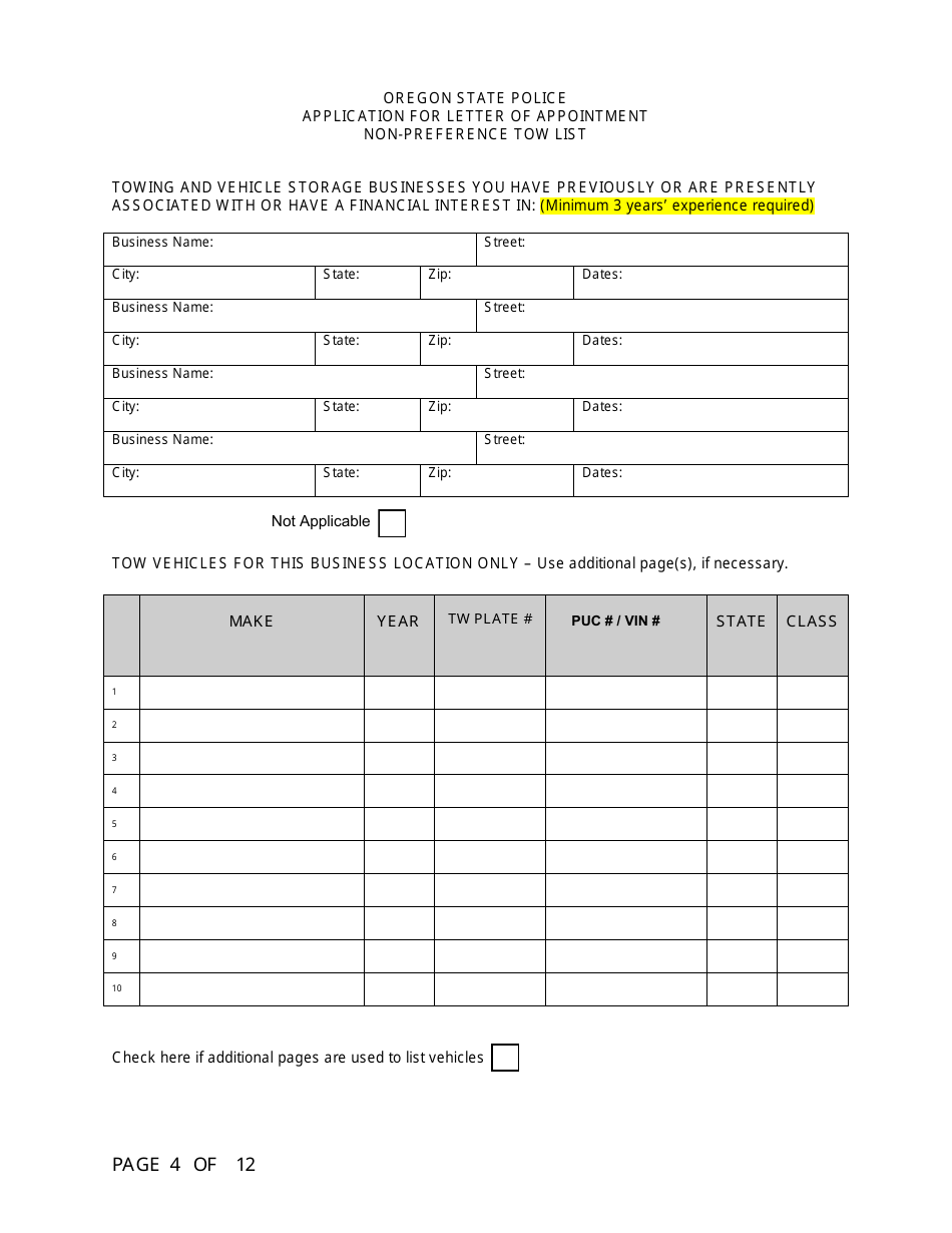 Application for Letter of Appointment Non-preference Tow List - Oregon, Page 4