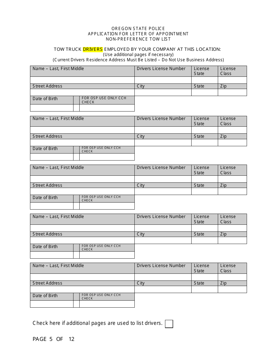 Application for Letter of Appointment Non-preference Tow List - Oregon, Page 5