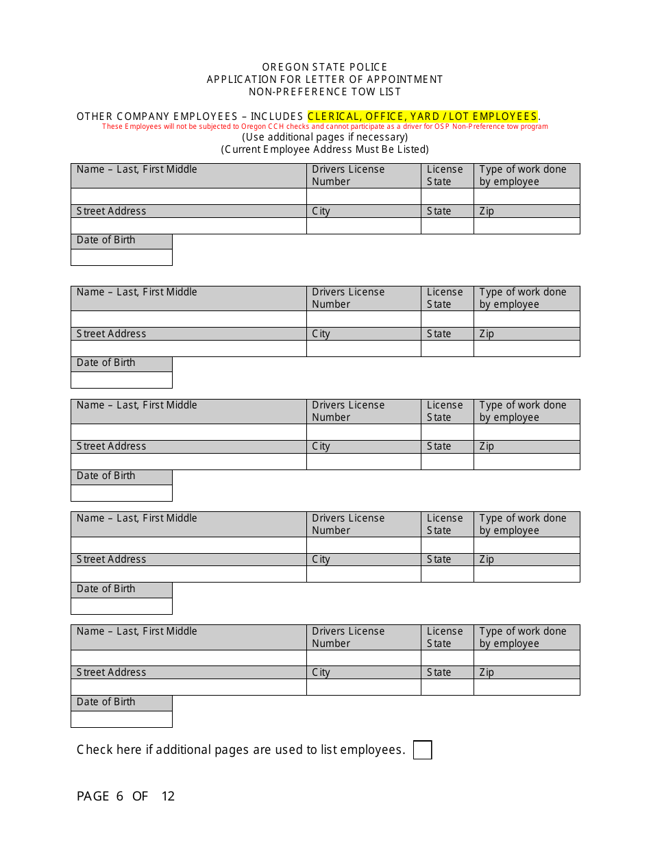 Application for Letter of Appointment Non-preference Tow List - Oregon, Page 6