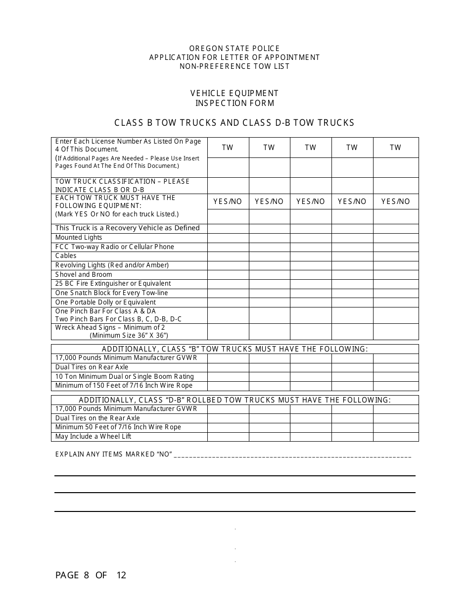 Application for Letter of Appointment Non-preference Tow List - Oregon, Page 8