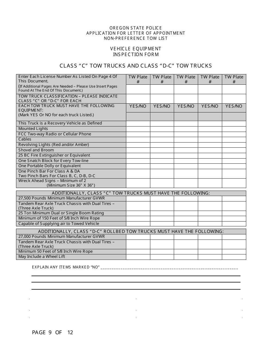 Application for Letter of Appointment Non-preference Tow List - Oregon, Page 9