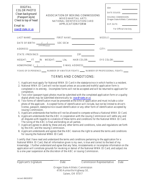 Mixed Martial Arts National Identification Card Application Form - Oregon