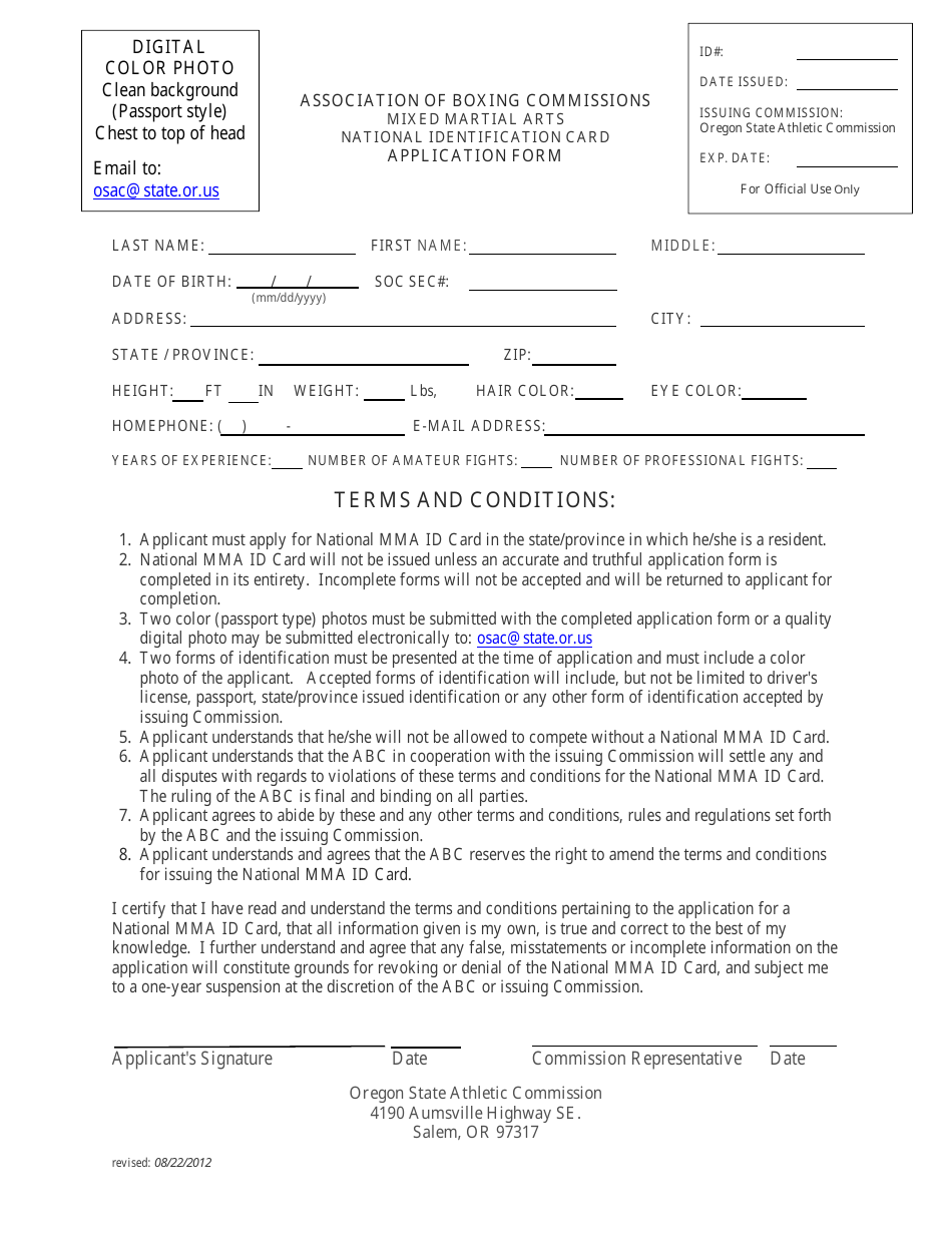 Mixed Martial Arts National Identification Card Application Form - Oregon, Page 1