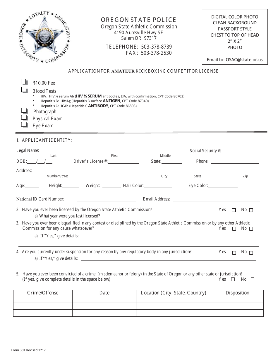 Form 301 Application for Amateur Kickboxing Competitor License - Oregon, Page 1