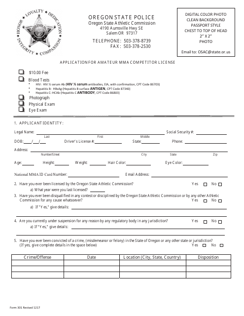 Form 301 Application for Amateur Mma Competitor License - Oregon