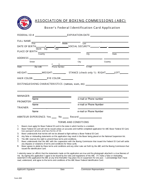 Form 403 Boxer's Federal Identification Card Application - Oregon