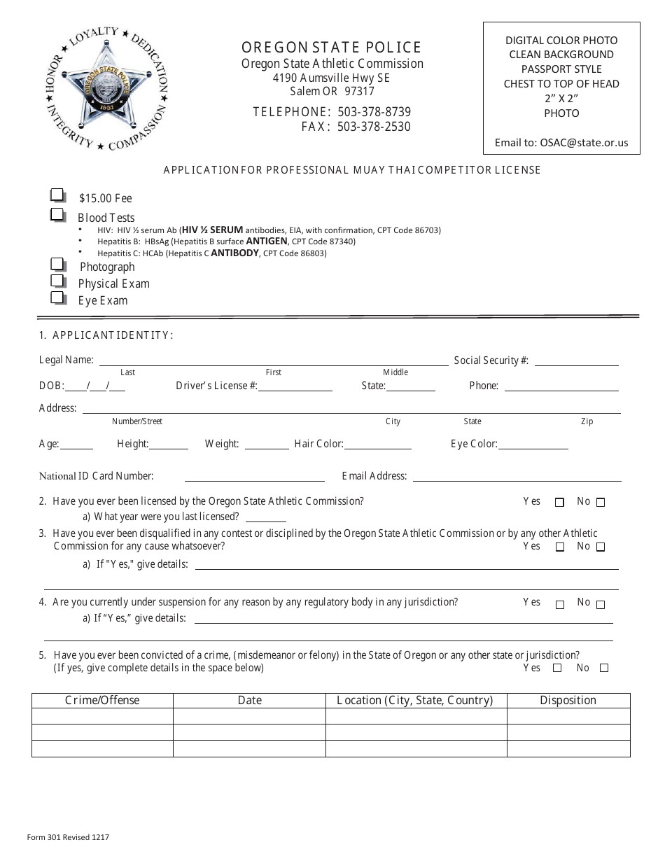 Form 301 Application for Professional Muay Thai Competitor License - Oregon, Page 1