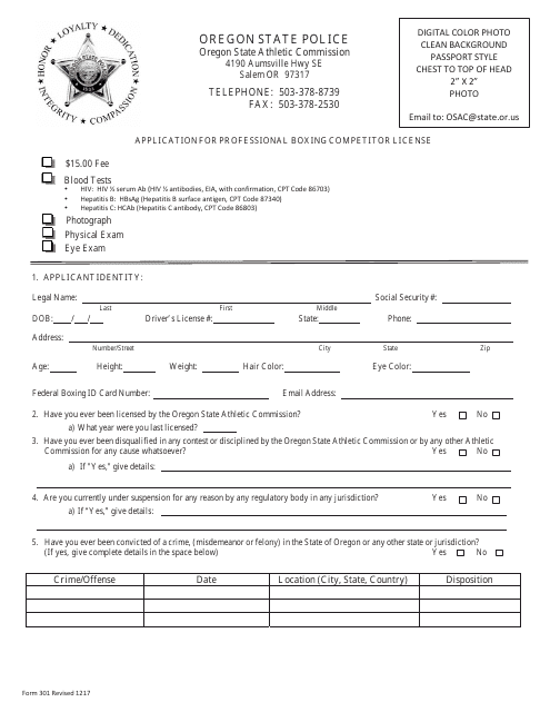 Form 301 Application for Professional Boxing Competitor License - Oregon