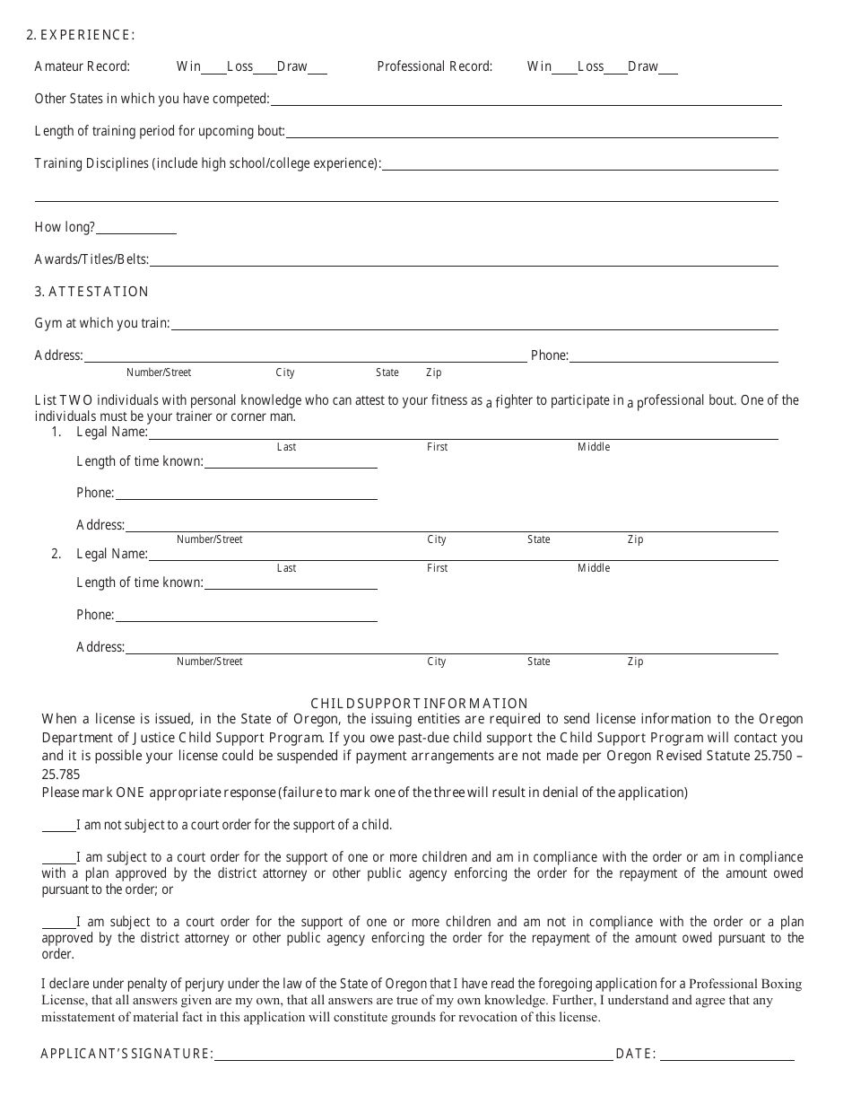 Form 301 Application for Professional Boxing Competitor License - Oregon, Page 2