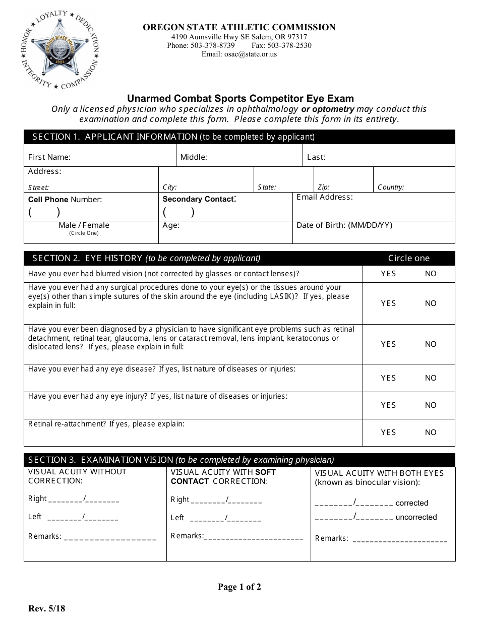 Unarmed Combat Sports Competitor Eye Exam - Oregon, Page 1