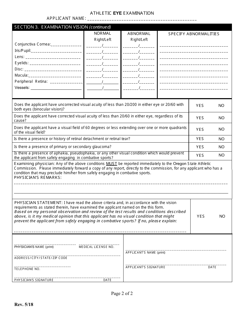 Unarmed Combat Sports Competitor Eye Exam - Oregon, Page 2