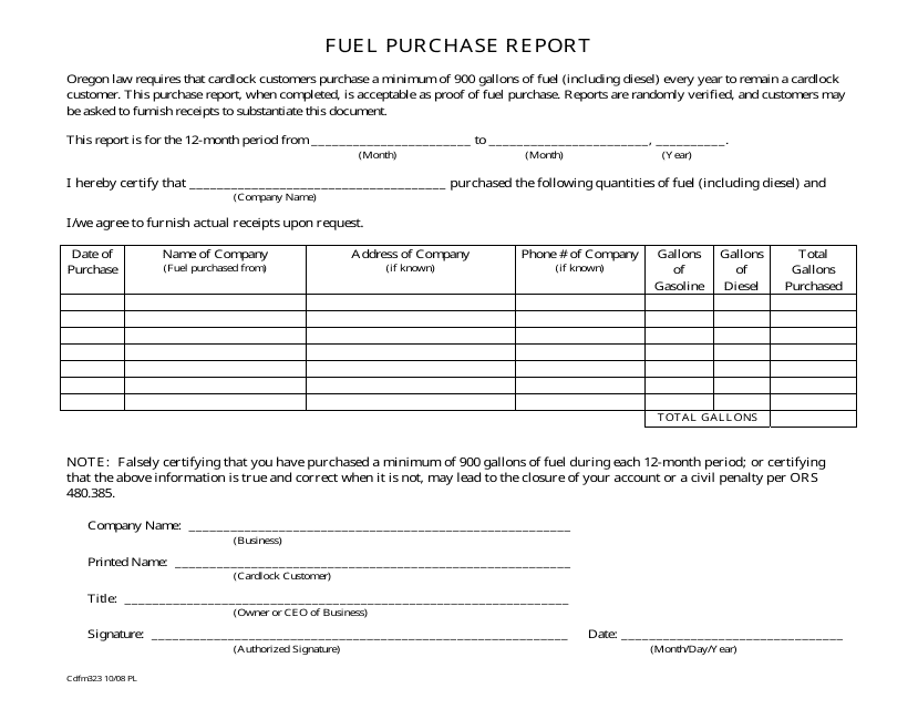 Form Cdfm323 Fuel Purchase Report - Oregon