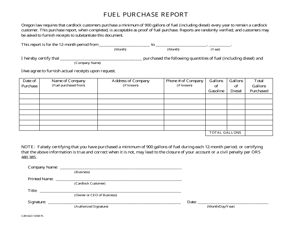 Form Cdfm323 Fuel Purchase Report - Oregon, Page 1