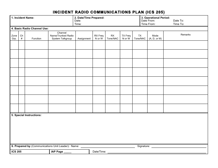 Form ICS205 Incident Radio Communications Plan