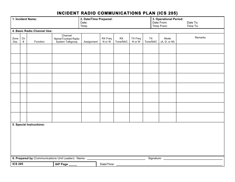 Form ICS205 Incident Radio Communications Plan, Page 1