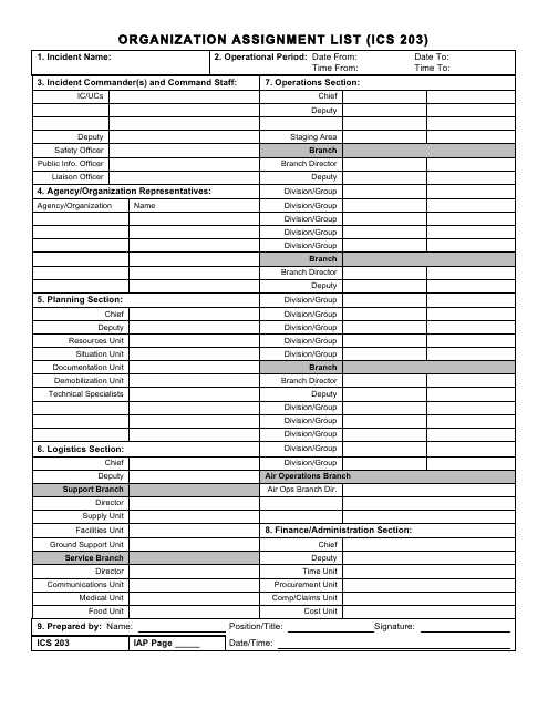 Form ICS203 Organization Assignment List