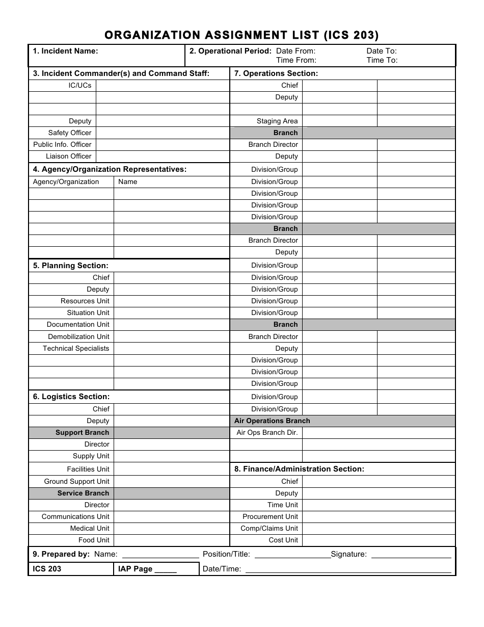 Form ICS203 Organization Assignment List, Page 1