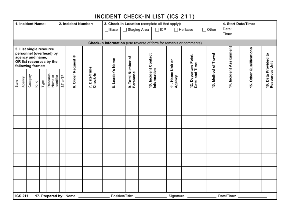 Form ICS211 Incident Check-In List, Page 1