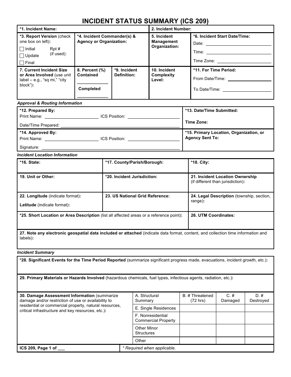 Form ICS209 Incident Status Summary, Page 1