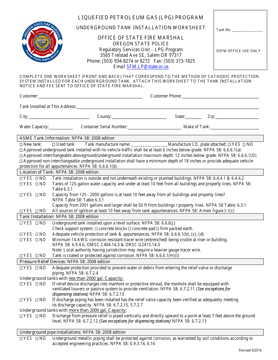 Oregon Underground Tank Installation Worksheet - Liquefied Petroleum ...