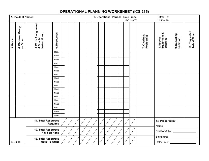 Form ICS215 Operational Planning Worksheet - Kansas