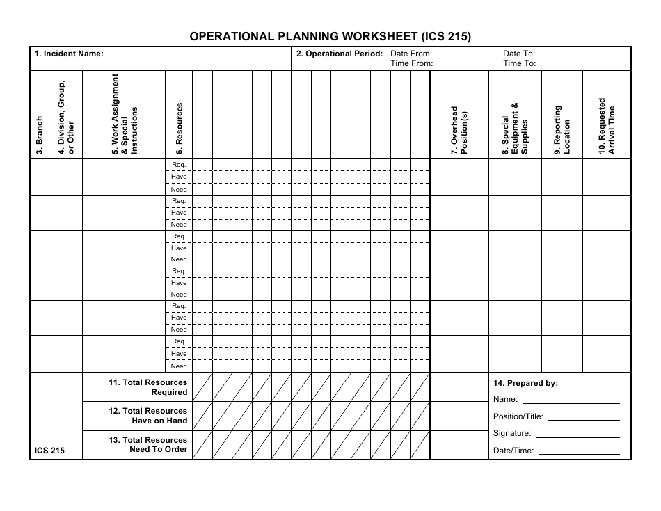 Form ICS215 Operational Planning Worksheet - Kansas, Page 1