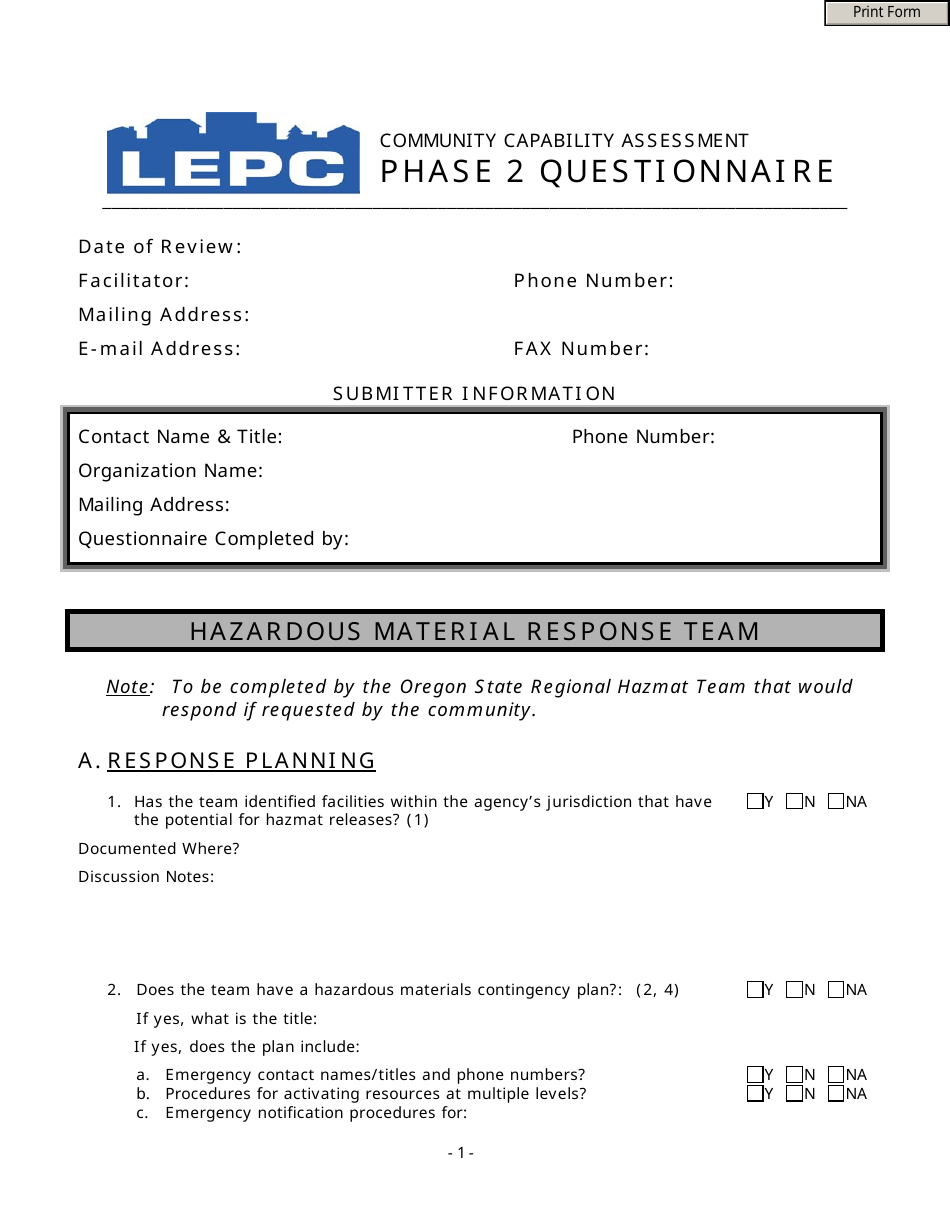 Community Capability Assessment - Phase 2 Questionnaire - Hazardous Material Response Team - Oregon, Page 1