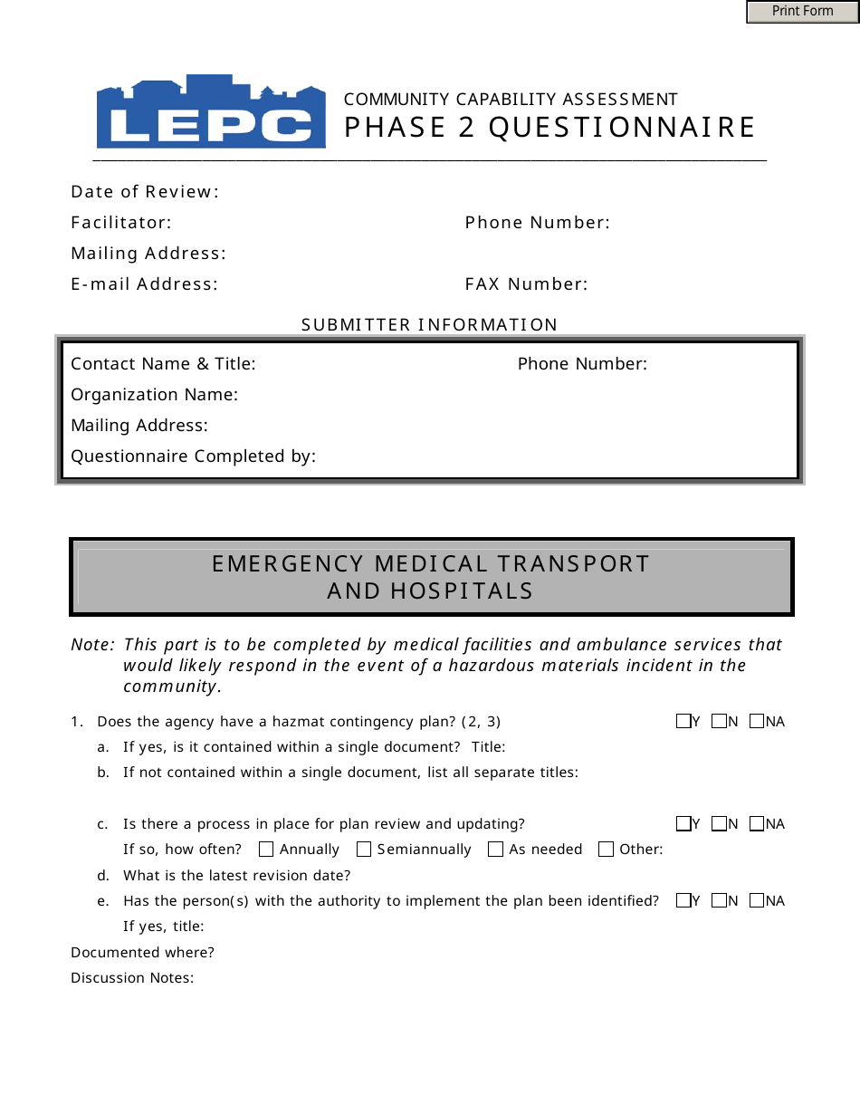 Community Capability Assessment - Phase 2 Questionnaire - Emergency Medical Transport and Hospitals - Oregon, Page 1