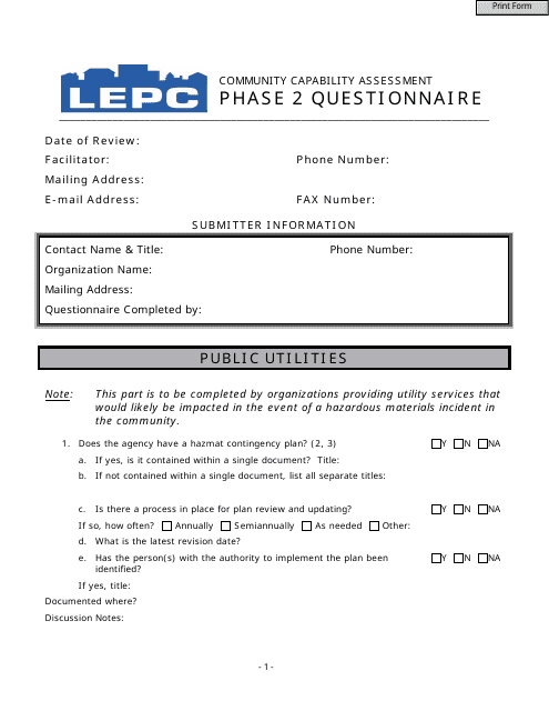 Community Capability Assessment - Phase 2 Questionnaire - Public Utilities - Oregon