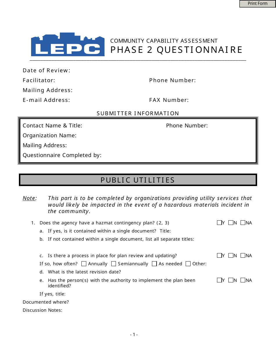 Community Capability Assessment - Phase 2 Questionnaire - Public Utilities - Oregon, Page 1