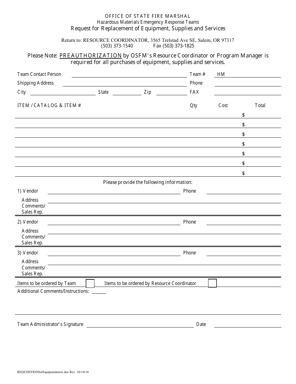 Request for Replacement of Equipment, Supplies and Services - Oregon, Page 1