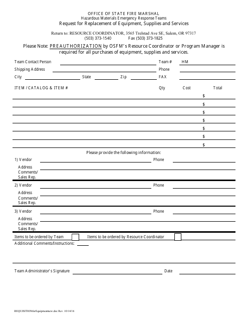 Request for Replacement of Equipment, Supplies and Services - Oregon Download Pdf