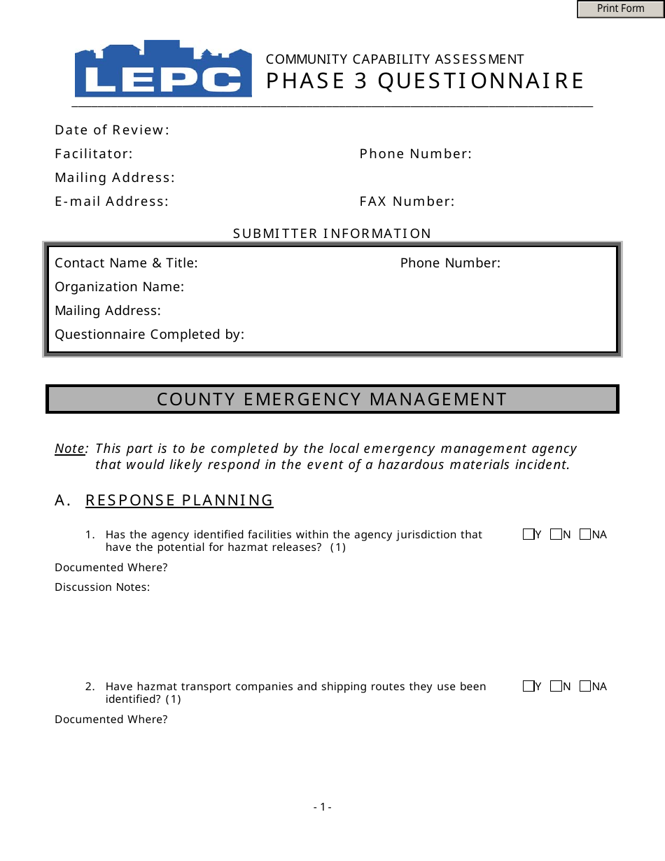 Community Capability Assessment - Phase 3 Questionnaire - County Emergency Management - Oregon, Page 1