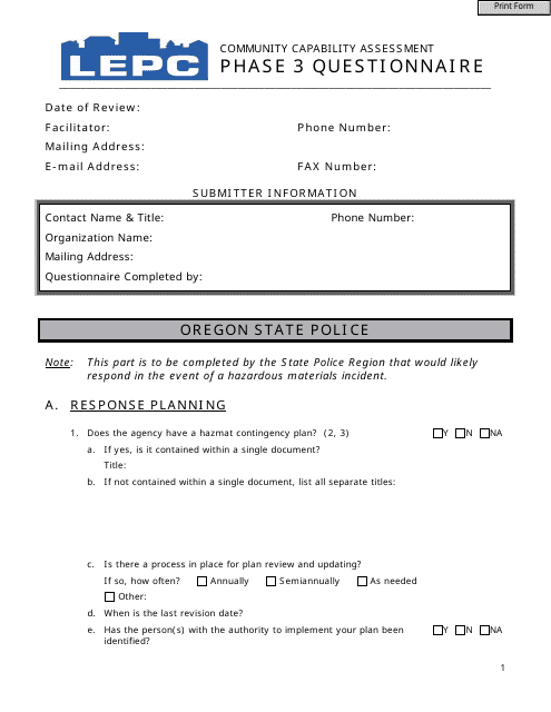 Community Capability Assessment - Phase 3 Questionnaire - Oregon State Police - Oregon Download Pdf