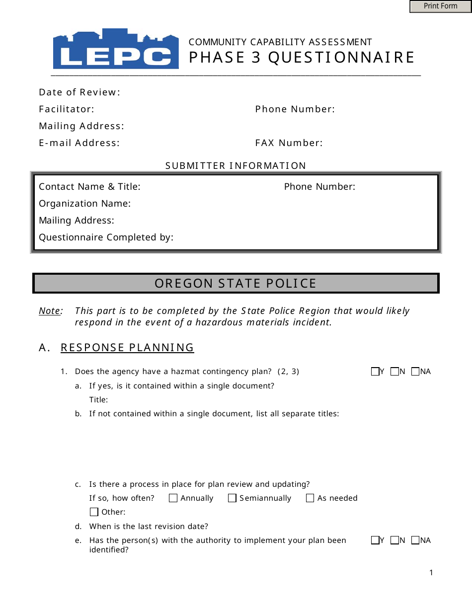 Community Capability Assessment - Phase 3 Questionnaire - Oregon State Police - Oregon, Page 1