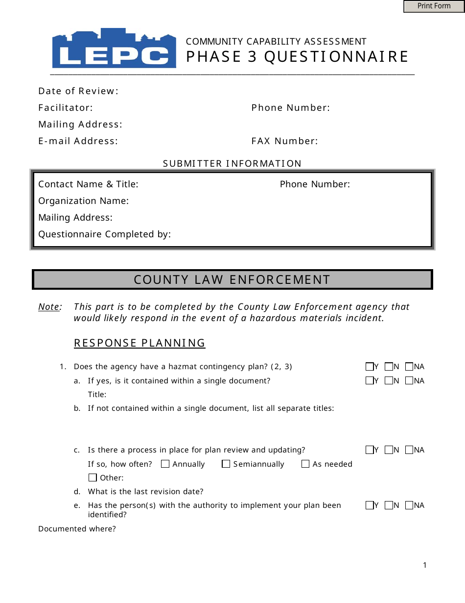 Community Capability Assessment - Phase 3 Questionnaire - County Law Enforcement - Oregon, Page 1