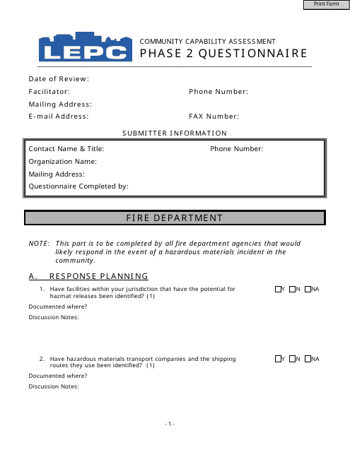 Community Capability Assessment - Phase 2 Questionnaire - Fire Department - Oregon