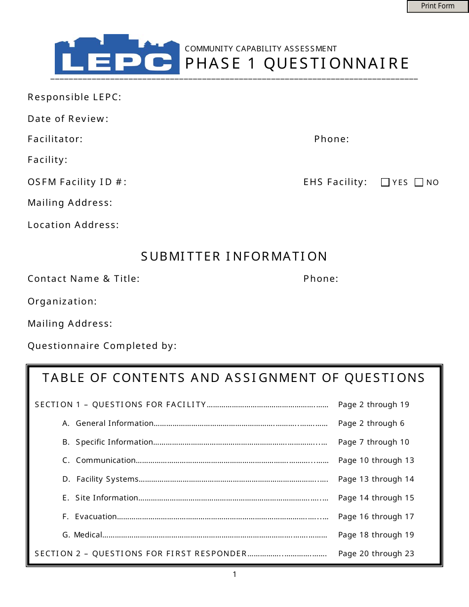 Community Capability Assessment - Phase 1 Questionnaire - Oregon, Page 1