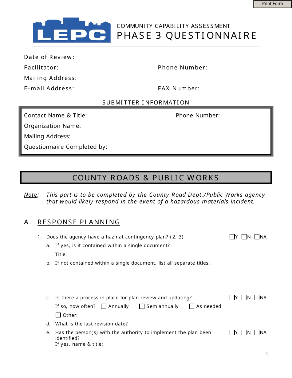 Community Capability Assessment - Phase 3 Questionnaire - County Roads  Public Works - Oregon, Page 1