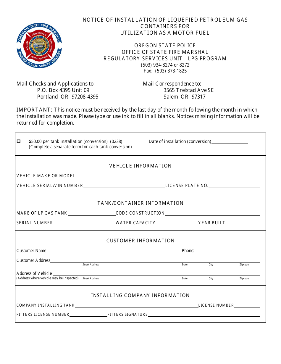 Oregon Notice of Installation of Liquefied Petroleum Gas Containers for